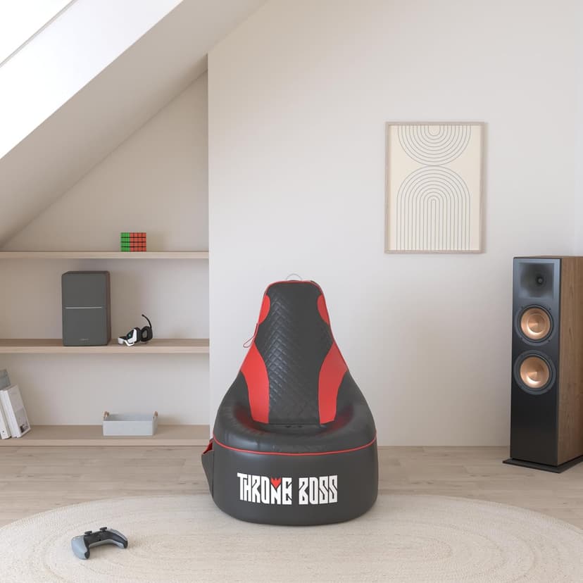 Throne Boss Gaming Bean Bag Chair Cover for Adults with High Back, Red – Large Floor Gaming Chair Cover, Easy to Clean Fabric, Large Pockets, Headphone Hanger, Requires 350 Liters Polystyrene Beans