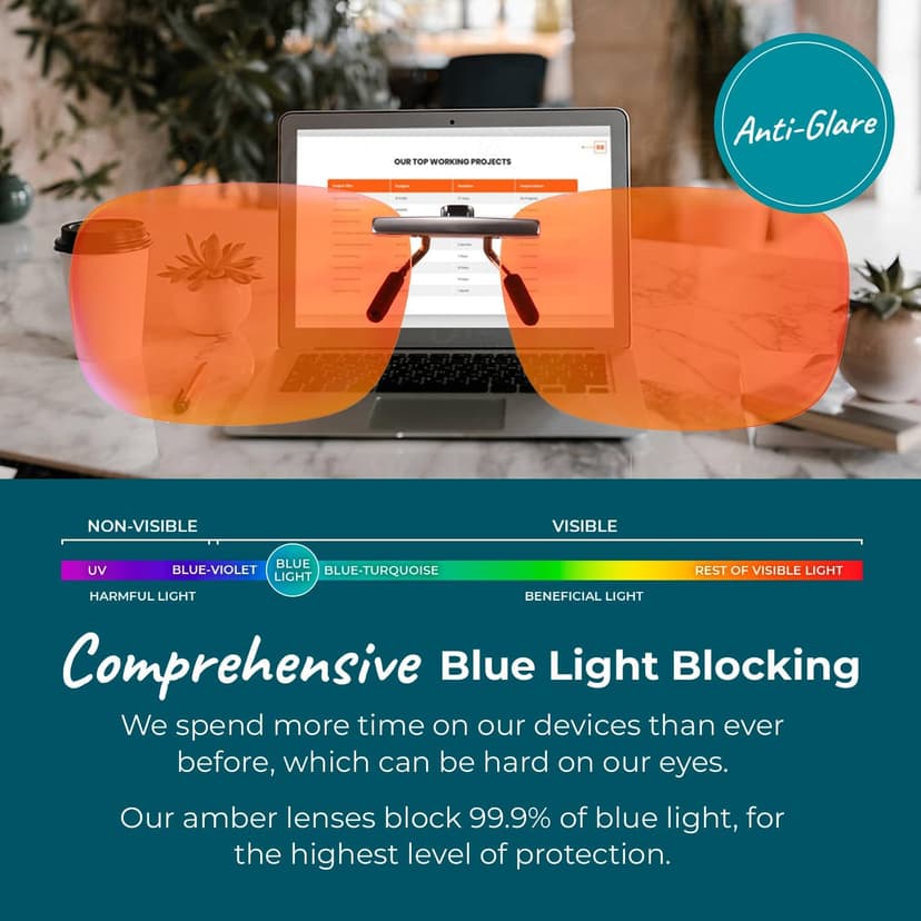 Blue Light Blocking Glasses for Women + Men - Better Sleep + Anti Eye Strain Protection - Computer Screens & Gaming - Metal Clip On - 99% Night-time Amber Lens