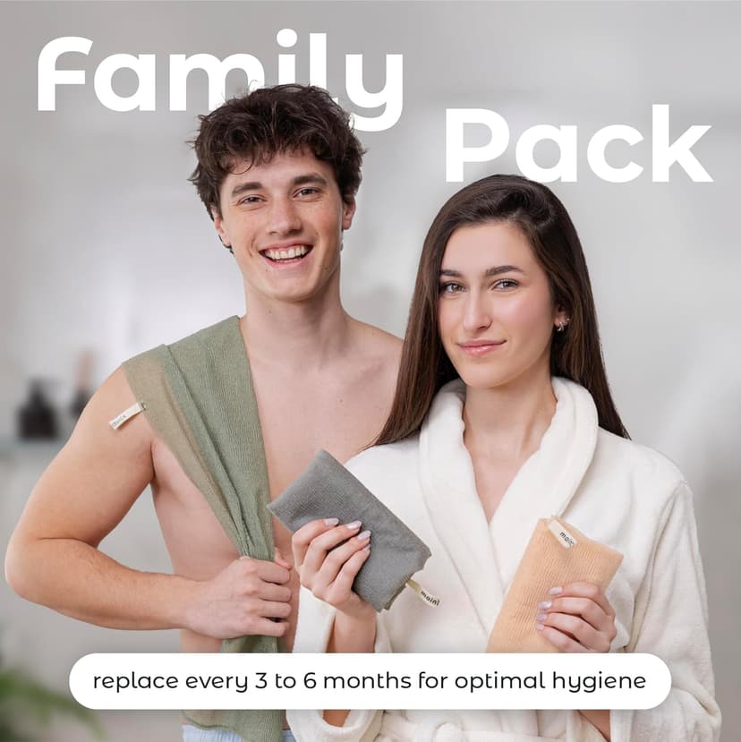 MainBasics Exfoliating Shower Towel - Japanese Nylon Bath Towel and Body Washcloth, Quick-Dry, Durable, Deep Exfoliation (Set of 3, Earthy Love)