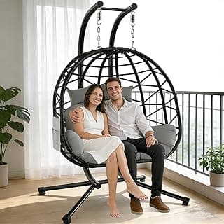 Suteck Double Hanging Egg Chair with Stand, Outdoor Indoor 2 Person Wicker Egg Swing Chair with Cushion, 700lbs Capacity for Patio, Bedroom, Garden - Black