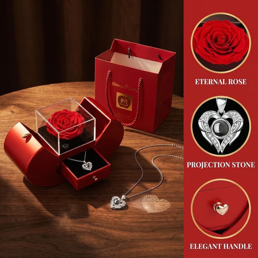 Preserved Real Rose with I love you Necklace 100 Languages, Gifts for Girlfriend, Women, Mom, Wife, Gifts Idea on Christmas, Valentine's Day, Mother's Day, Birthday, Anniversary, Thanksgiving