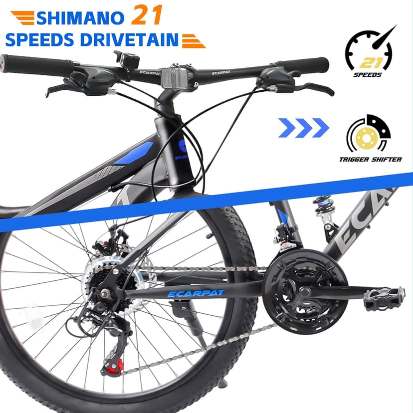 24/26/27.5 Inch Wheel Mountain Bike, 21 Speed MTB Bike with Full Suspension, Steel Frame and Dual Disc Brakes, Adult Mens Outdoor Cycling Mountain Bicycle