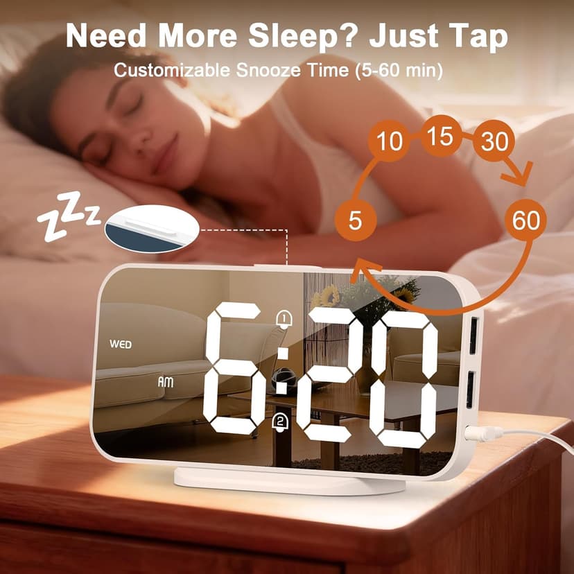 ALANAS Slim Digital Alarm Clock, Big Mirror Display with Dual USB Charger Ports, Dual Alarms, Snooze, 4-Level Adjustable Dimmer,for Bedroom, Office, Desk, Dorm, College Students, Home Decor,Gift