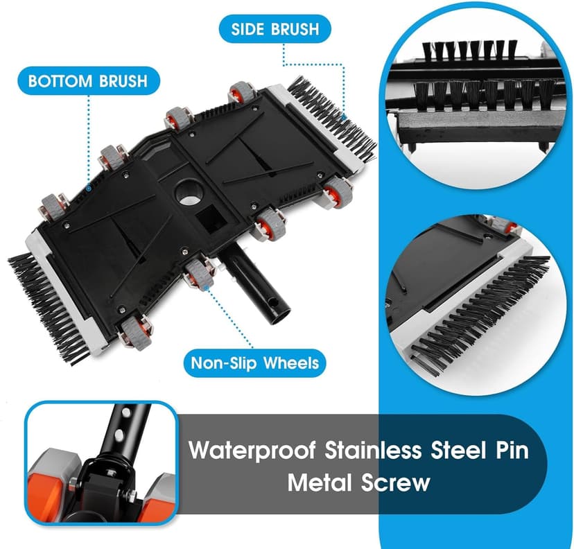 Heavy Duty Pool Vacuum Head with Swivel Handle -Extra-Wide 3.2LB Weighted Vac Heads Side Brush & Wheels for Vinyl Liner-Deep Cleaning for Inground & Above Ground Swimming Pool - Orange