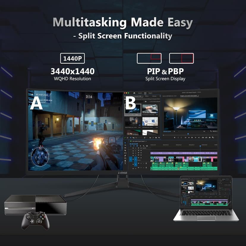 Z-Edge 34" Curved Gaming Monitor, WQHD 1440P 165Hz 144Hz PC Monitor, MPRT 1ms, 21:9 Aspect Ratio, 1500R, 16.7M Colors, 3000:1 Contrast, UG34 Frameless Bezel, 2X DP 1.4 Ports and 2X HDMI 2.0 Port