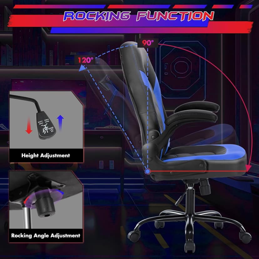 Sweetcrispy Computer Video Game Chair - Ergonomic Home Office with Comfy Lumbar Support, PU Leather Height Adjustable with Flip-up Armrest and 360° Swivel Wheels, Blue, for Adults, Teens