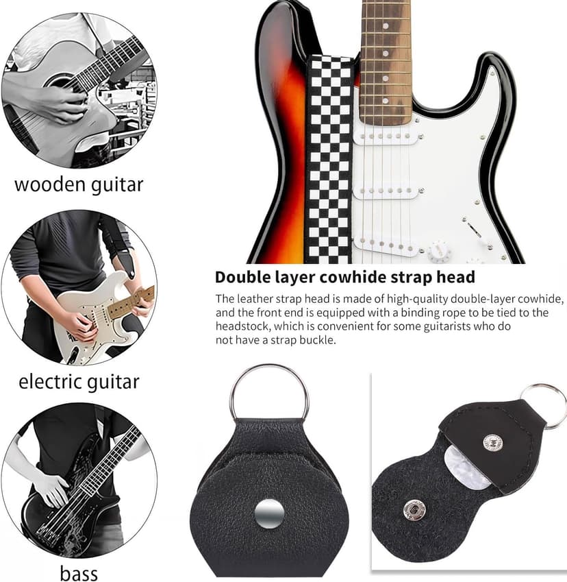Qivorimith Guitar Strap,Acoustic Electric Guitar With Leather Pick Box and 3 PCS Picks Guitar Accessories,Available for All Guitars(Black White Grid)