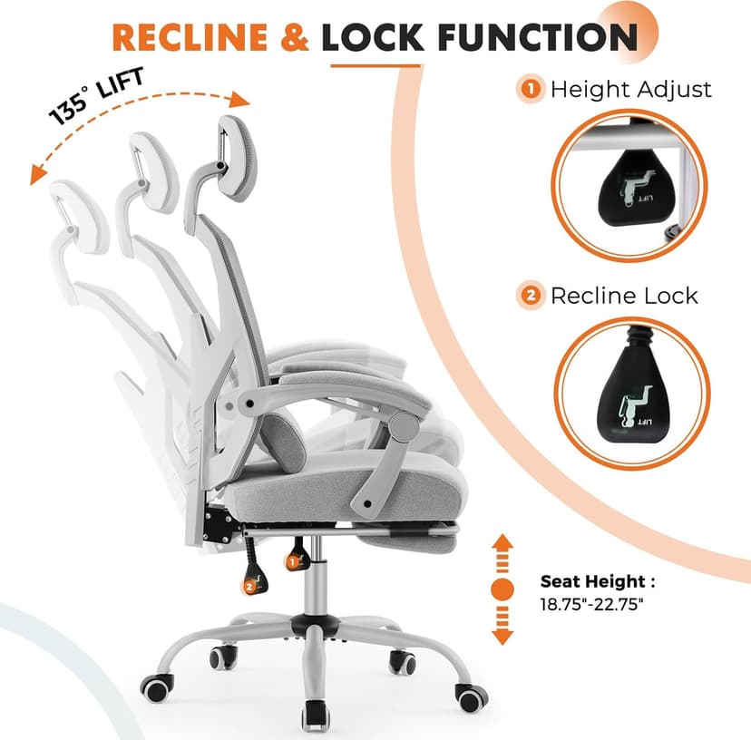 Sweetcrispy Office Computer Desk Chair with Footrest,Ergonomic High-Back Mesh Rolling Work Swivel Chairs with Wheels,Comfortable Lumbar Support,Comfy Arms for Home,Bedroom,Study,Student,Light Grey