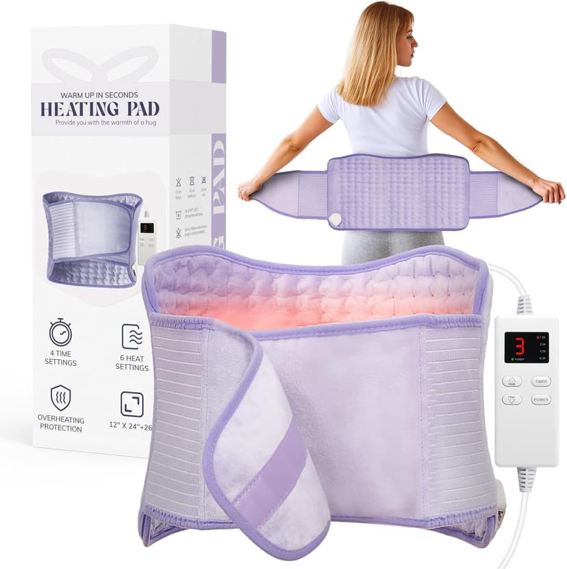 Heating Pad for Period Cramps, Upgraded Wrap Heating Pad for Back Pain Relief, Large 12''x 24''Heat Pad +26" Belt Adjustable 4 Timer 6 Heat Level Auto Shut Off, Christmas Birthday Gifts for Women Mom B0FK5CJXRX