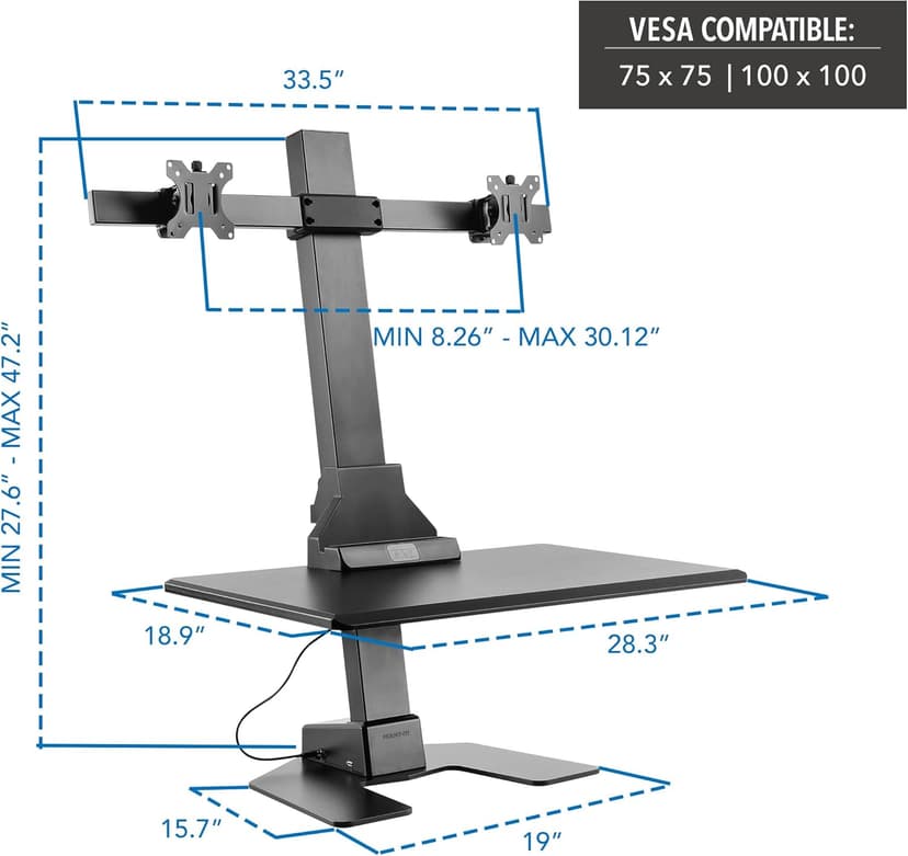 Mount-It! Double Monitor Electric Standing Desk Converter - 2 Screens Stand Up Desk Riser - Height Adjustable Desktop & 2 Mounts for Screens up to 32", Sit-Stand Convertor for Home, Office, School