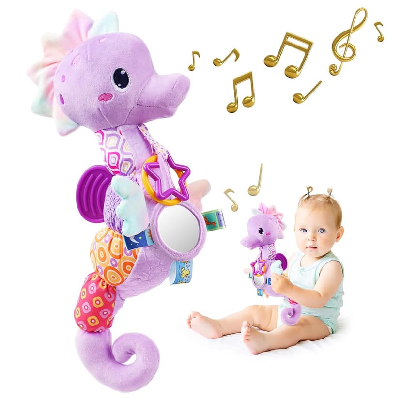 Multi-Sensory Seahorses Toys with Crinkle, Rattle and Textures, for Tummy Time Newborn 0-3-6-12 Months Girls Gifts - Purple Sumobaby Baby Toys Musical Stuffed Animal Activity Soft Toys with Mirror B0FSKSCRGH
