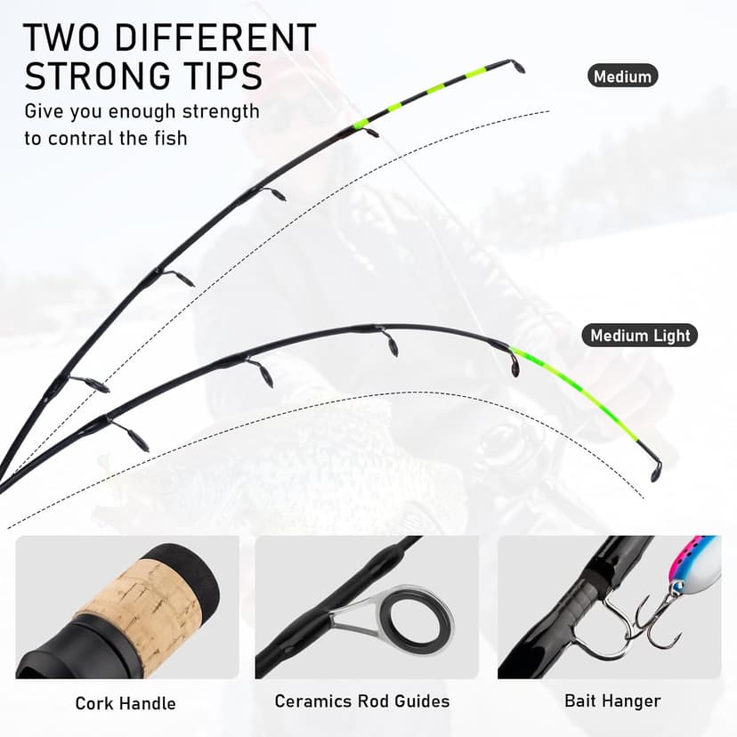 QualyQualy Ice Fishing Rod and Reel Combo 24 inch M/ML Inline Ice Fishing Combos 2 Different Tips for Walleye Perch Panfish and Trout