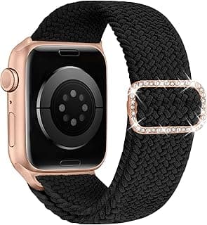 KYISGOS Stretchy Solo Loop Compatible with Apple Watch Band 42mm 41mm 40mm 38mm Women, Nylon Strap with Bling Pearl and Diamond Buckle for iWatch Series 11 10 9 8 7 6 5 4 3 2 1 SE (Black/Rose Gold)