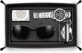 Travel Valet Tray for Keys, Wallet, Watch, Phone and Glasses, Nightstand Dresser Desk Entryway Organizer for Men and Women VLANDO Valet Tray for Men, Foldable PU Leather Catchall Tray, Black B0H5VHQ9Q9