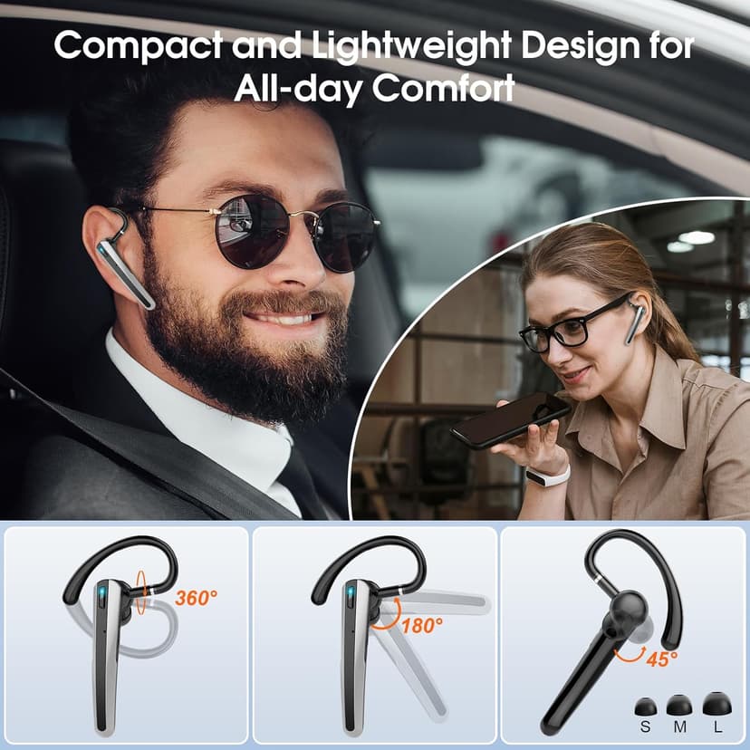 Atheewon Bluetooth Headset V5.3, Wireless Headset with ENC Noise Canceling Mic, 120Hrs Talk Single-Ear Bluetooth Earpiece, LED Display, IP7 Waterproof Hand-Free Earphone for Business/Trucker/Driver