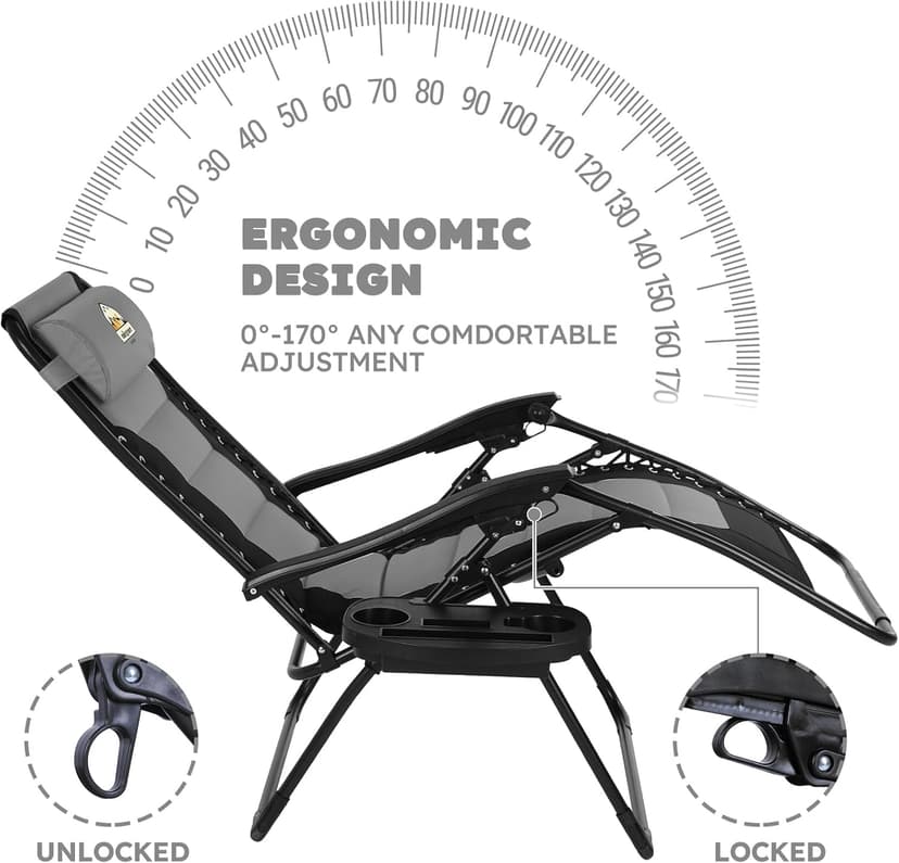 Colegence Oversized Padded Zero Gravity Lounge Chair, Foldable Patio Anti Gravity Reclining Chairs Folding Lawn Recliner with Cup Holder for Yard, Camping, Outdoor, Support 350 LBS, Black