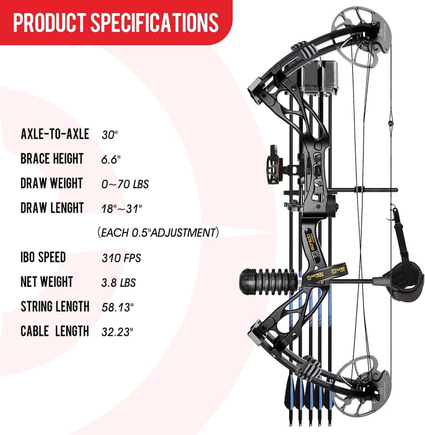 Sanlida Archery Dragon X8 RTH Compound Bow Package for Adults and Teens,18”-31” Draw Length,0-70 Lbs Draw Weight,up to IBO 310 fps,No Bow Press Needed,Limited Life-time Warranty,RH Only