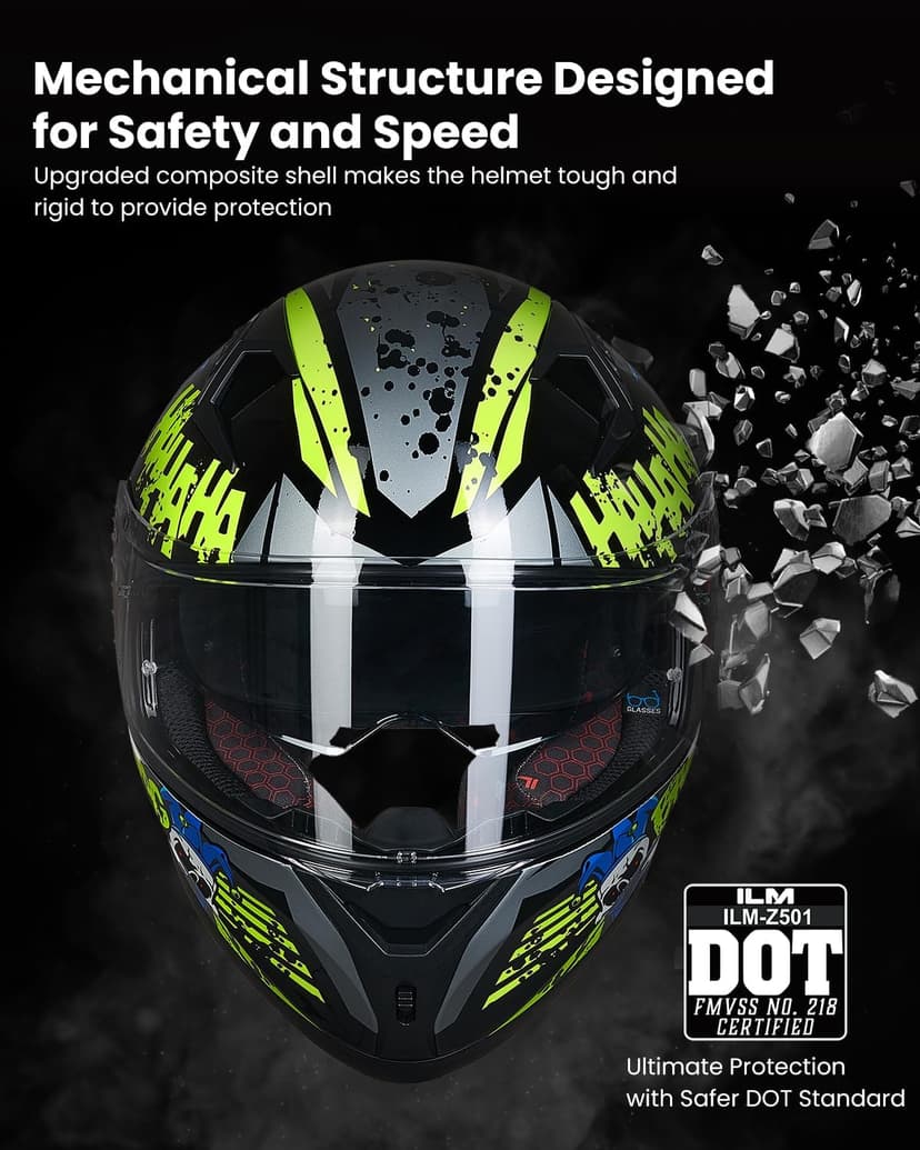 ILM Motorcycle Helmet Full Face with Pinlock Compatible Clear&Tinted Visors and Fins Street Bike Motocross Casco DOT Model Z501(Surprise Yellow, Large)