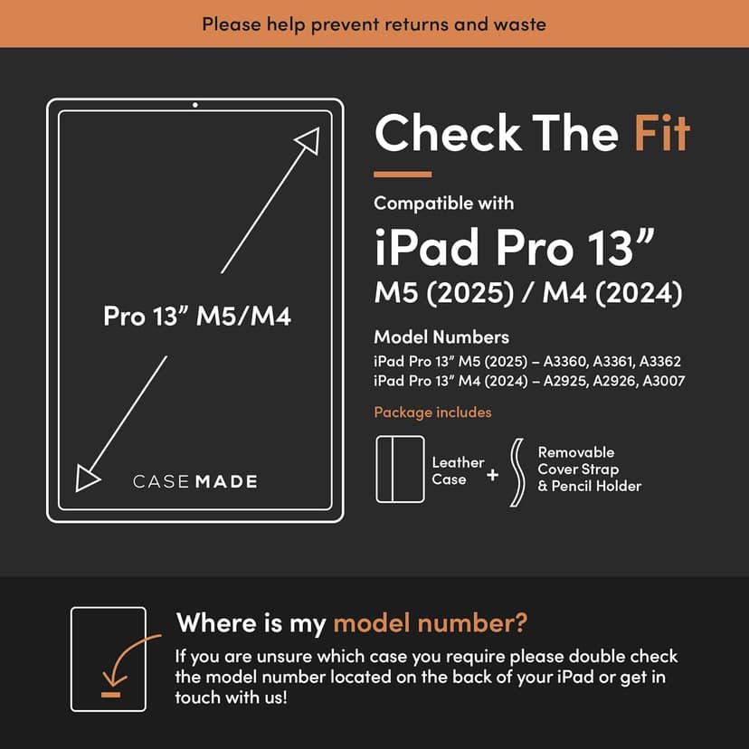 Casemade Real Leather Case Compatible with iPad Pro 13” M5 (2025)/M4 (2024) - Full-Grain Leather Cover, Auto Sleep/Wake, Dual Stand Position (Tan)