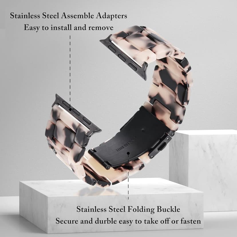 V.R.HOPE Resin Watch Band Compatible with Apple Watch Band for Women 38mm 40mm 41mm 42mm Tortoise Fashion Lightweight Bracelet Strap for iWatch Series 11/10/9/8/7/6/5/4/3/2/1/SE3 (Black Floral)