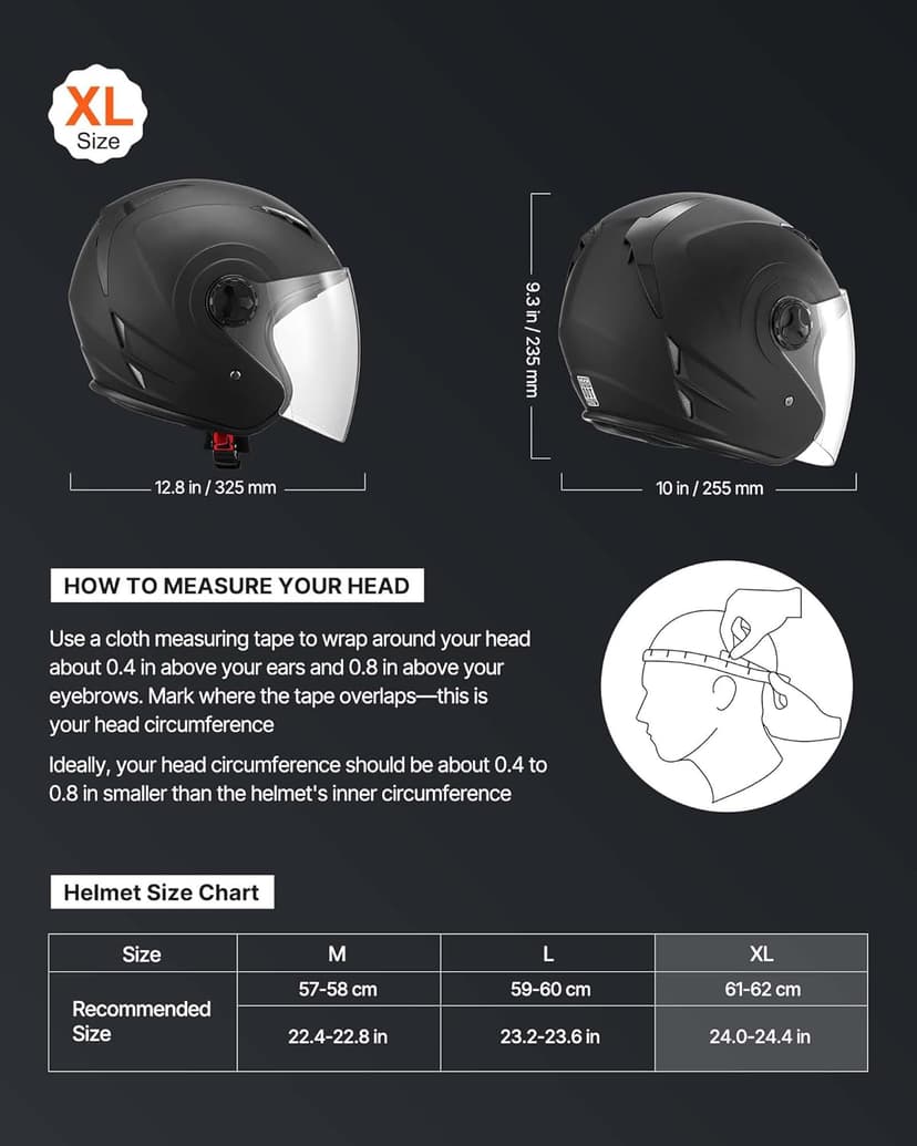 VEVOR Motorcycle Helmet, 3/4 Open Face, Adult Motocross Dirt Bike Helmet with Clear Visor, Comfortable Motorbike Racing Street with Detachable Liner for Men & Women, DOT Approved