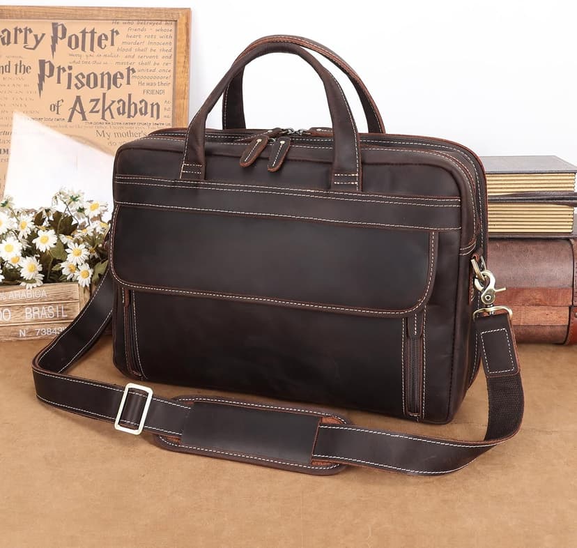 Masa Kawa Leather Briefcase for Men 15.6", 17" Laptop Computer Case Business Travel Work Messenger Cross Body Shoulder Bag