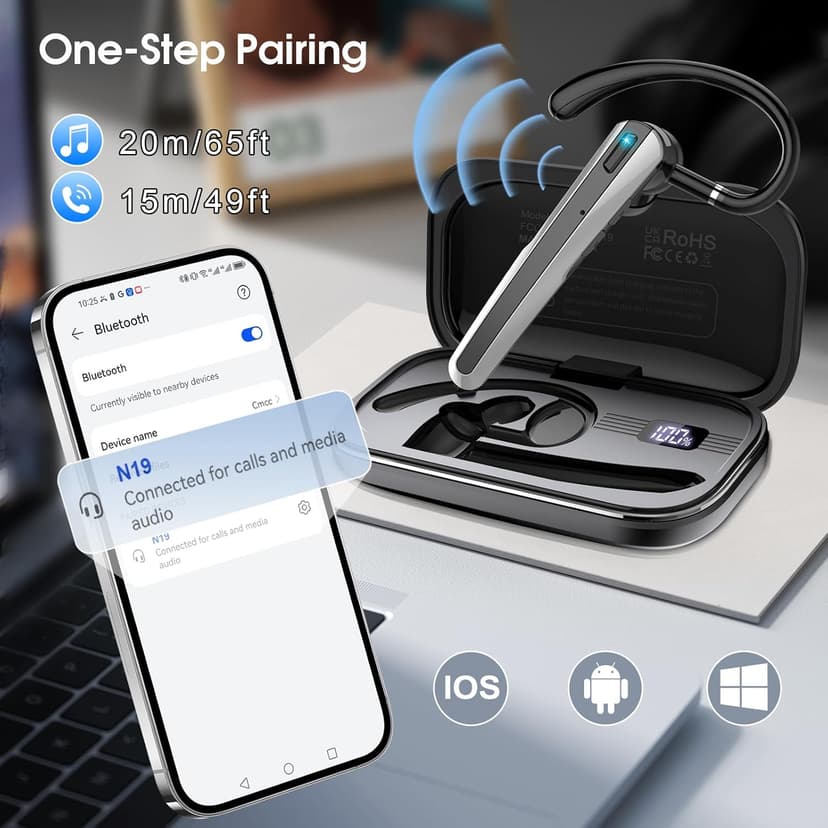 Atheewon Bluetooth Headset V5.3, Wireless Headset with ENC Noise Canceling Mic, 120Hrs Talk Single-Ear Bluetooth Earpiece, LED Display, IP7 Waterproof Hand-Free Earphone for Business/Trucker/Driver