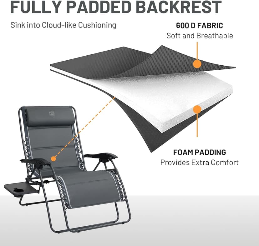 Timber Ridge Oversized Zero Gravity Chair, 33In Wide XXL Zero Gravity Reclining Chair with Side Table, Full Padded Lounge Chair for Outdoor Camping Patio Lawn, Heavy Duty Supports 500lbs, Grey-1 Pack