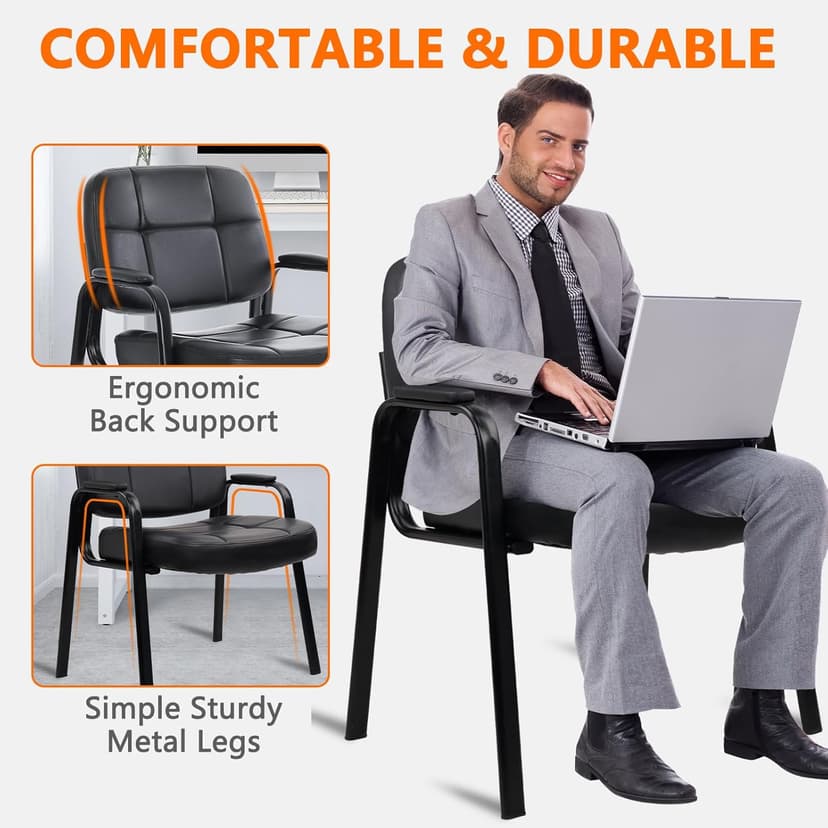 CLATINA Big & Tall 500 lbs Waiting Room Guest Chair, Leather Office Reception Chair No Wheels with Padded Arms for Elderly Home Desk Conference Room Lobby Side Salon Clinic, Black(4 Pack)
