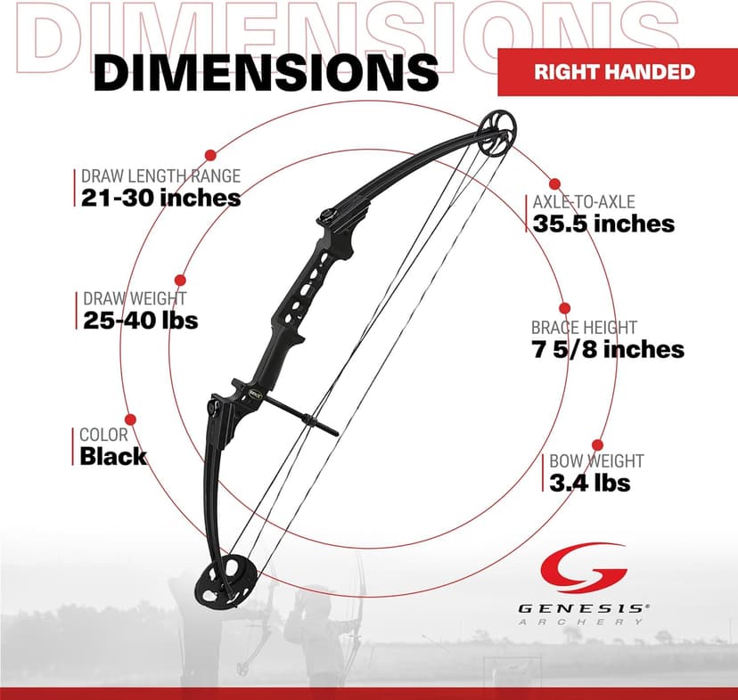 Genesis Gen-X Lightweight Compound Bow, Archery Hunting Bow for Adults w/Adjustable Riser, Cam Draw Weight, & Length, Draw Hand - Right, Black