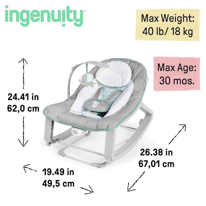 Ingenuity Keep Cozy 3-in-1 Grow with Me Vibrating Baby Bouncer, Seat & Infant to Toddler Rocker, Vibrations & -Toy Bar, 0-30 Months Up to 40 lbs (Weaver)