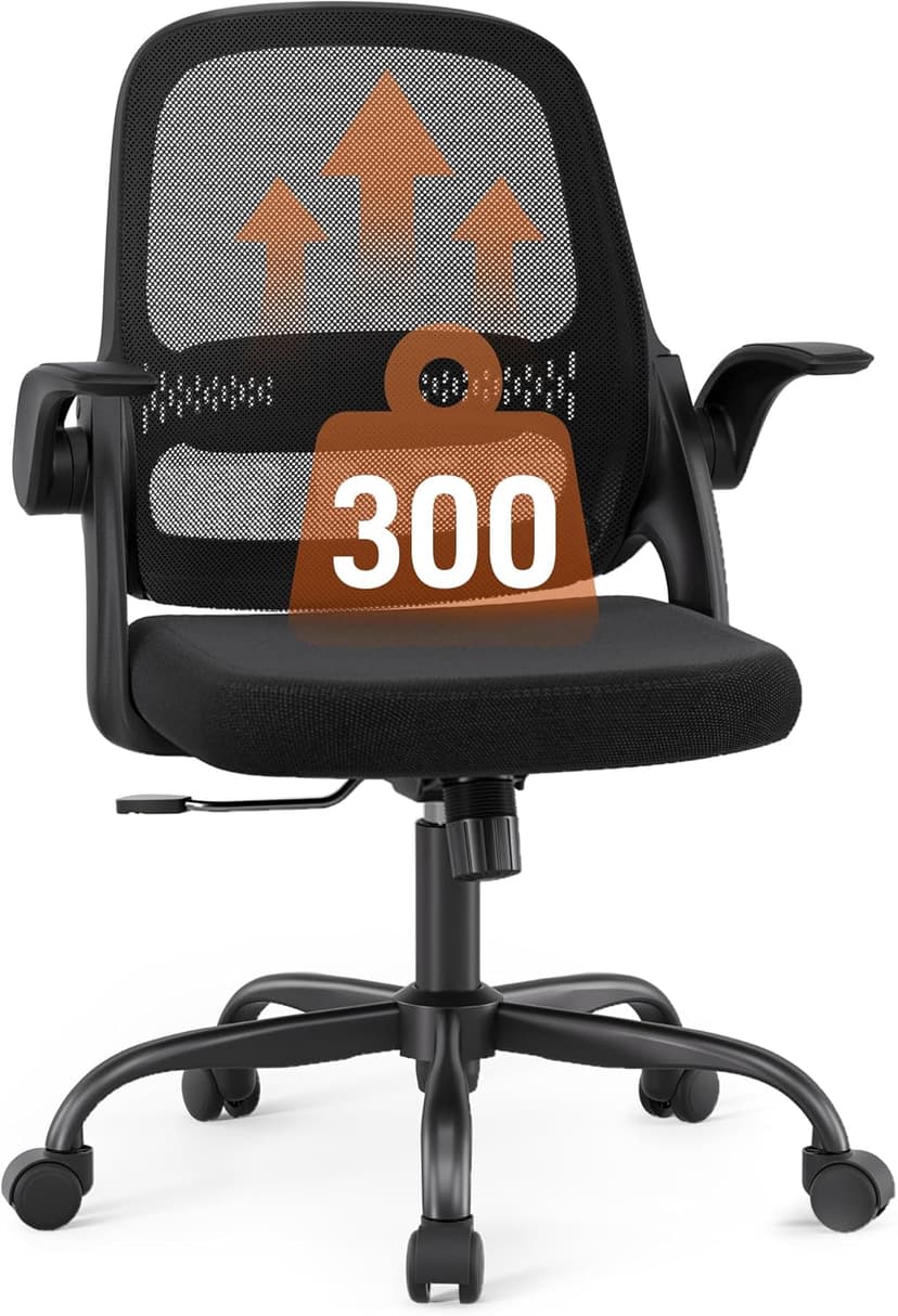 Ergonomic Mesh Office Chair with Flip-Up Arms, Adjustable Height, Breathable Mesh Back & Thick Cushion Seat, 360° Swivel Rolling Computer Desk Chair, BIFMA Certified, Supports 300 lbs (Black)