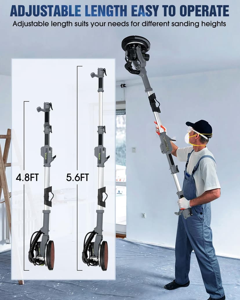 MYTOL Drywall Sander, 7.2A Electric Drywall Sander with Vacuum Dust Collection, LED Light, 6 Variable Speed Digital Display 900-1800RPM, Foldable & Extendable Handle (GREY)