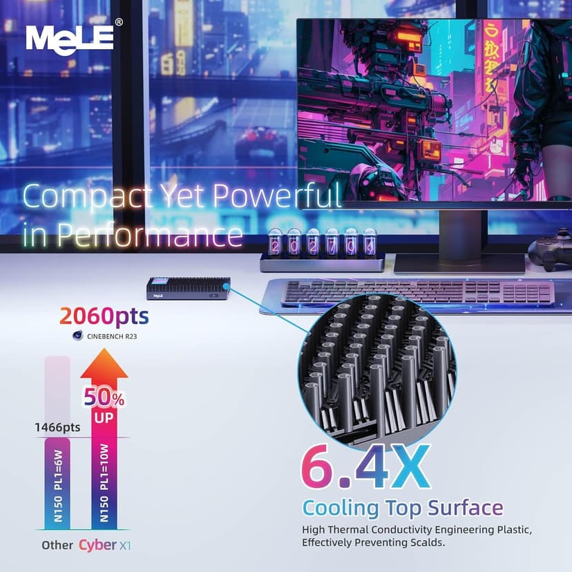 MeLE Fanless Mini PC N150 16GB RAM DDR4 512GB SSD,Win11 Pro Small Micro Desktop Computer Cyber X1,Dual HDMI,Support 4K Triple Display,USB 3.2x3,USB-C,WiFi5 BT5.1,Portable PC on Industrial Business
