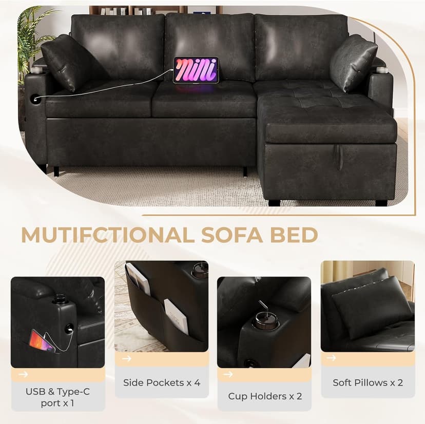 Esright Sleeper Sofa Bed, 3-in-1 Pull Out Couch with Reversible Chaise, Leather Sleeper Sofa with Storage, USB, Cup Holder, Pullout Sectional Couches for Apartment Living Room, Black | Hidden Storage Space