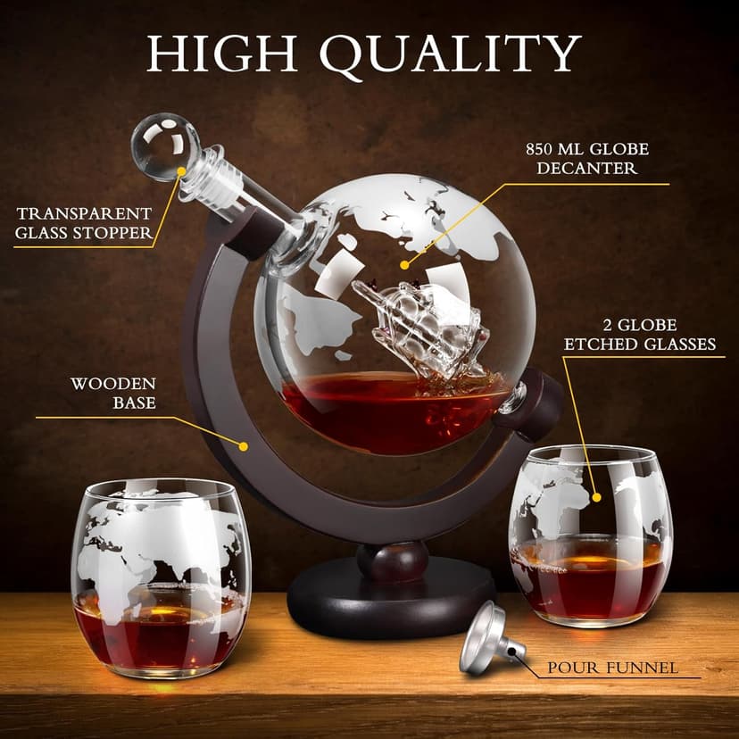 Whiskey Decanter Sets for Men, Whiskey Decanter Globe Set with 2 Etched Globe Whisky Glasses for Liquor, Bourbon, Cocktails, Vodka, Scotch liquor decanter Sets - 850ml
