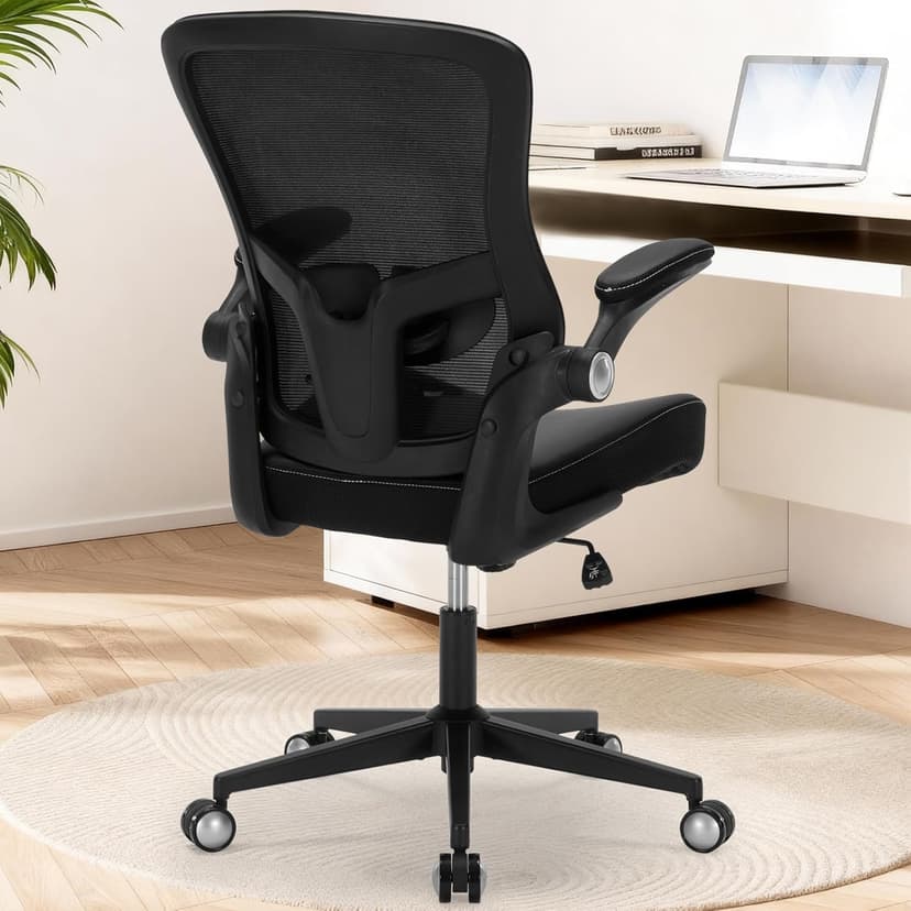Ergonomic PU Leather Office Chair, 400lbs Weight Capacity, Breathable Mesh Back, Adjustable Height & Flip-Up Arms, Heavy Duty Computer Desk Chair for Home & Office, Black
