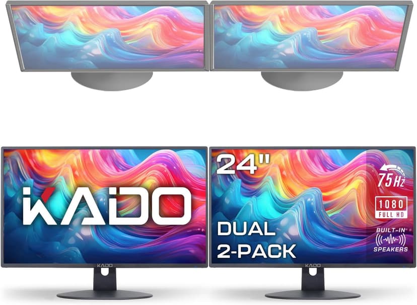 Kado Dual Monitor Setup - 2-Pack 24" 1920x1080 Computer Monitor 75Hz VESA Mount HDMI Office Gaming Hybrid Multitasking Daytrading Built-in Speakers