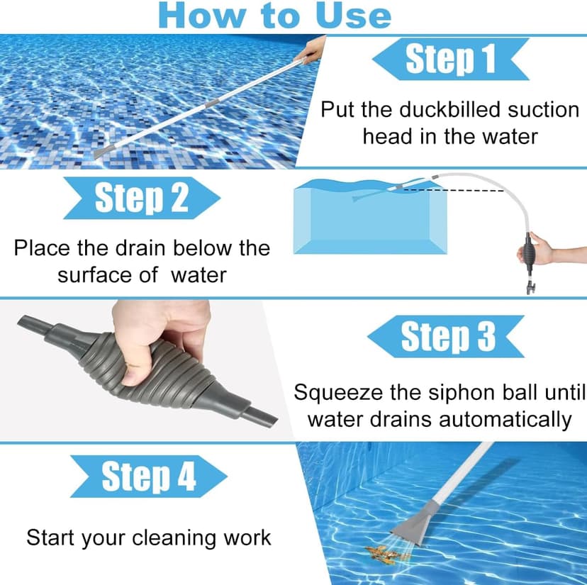 Hot Tub Vacuum Spa Vac, Manual Spa Vacuum Wand Cleaner 10ft Cordless Pool Cleaner, Hot Tub Suction Pipe Siphon Constant Suction, Handheld Flexible Hose for Dirt,Grass, Debris with 3 Cleaner Heads