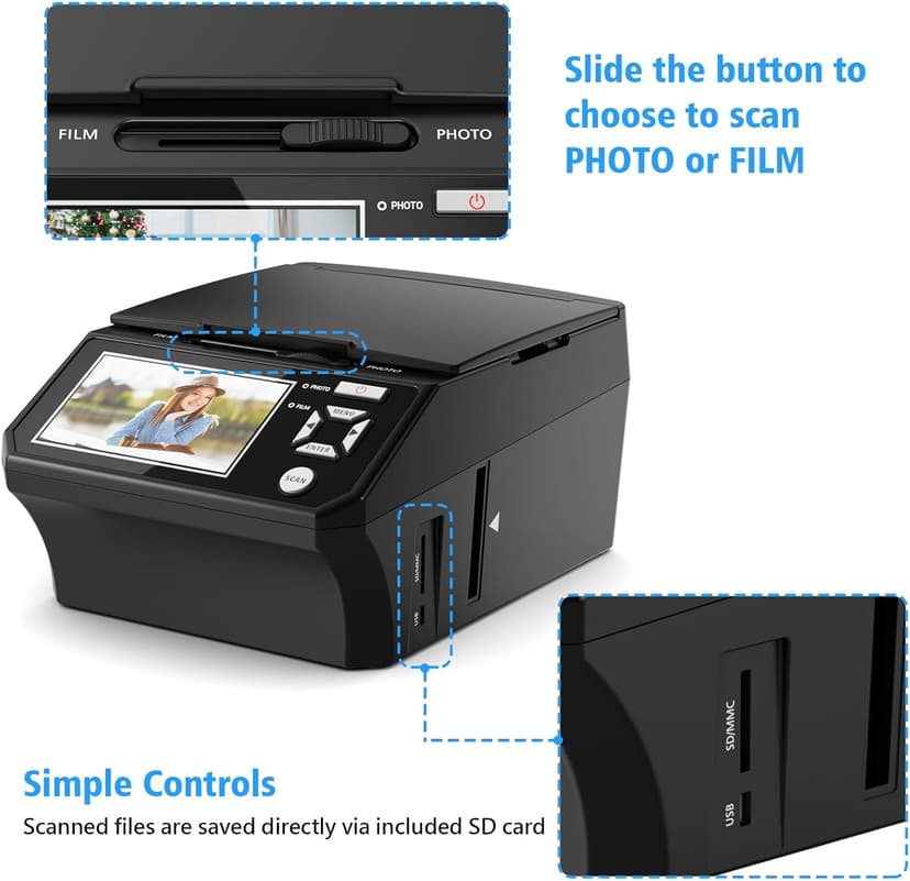 Film & Photo Scanner with 5" LCD Screen, Converts Photo, 135/110 Film Negatives & Slides, Business Card to 22MP Digital Photos, 8GB SD Card Included