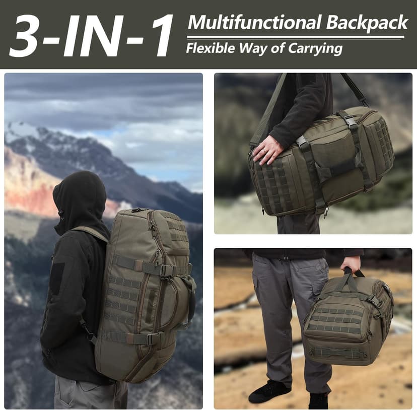 Hannibal Tactical 65L Large Duffle Bag, 3-in-1 Tactical Backpack MOLLE Pack for Sports, Gym, Outdoor, Olive Green