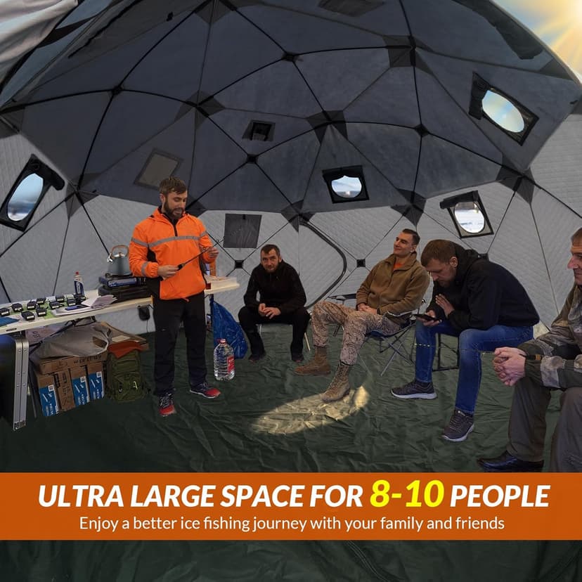 QualyQualy Insulated Pop-Up Tent with Floor - 8-10 Person Ice Fishing Shelter, 147sq.ft Windproof Ice Shack Hut with Stove Jack, Carrying Bag
