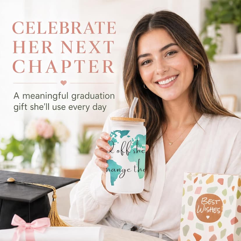 Frerdui Graduation Gift for Her – And Off She Went to Change the World 16oz Glass Cup, Cute Grad Gift for College High School Graduate, Grad Gift for Daughter Niece Granddaughter Friend B0GTY7QRB9
