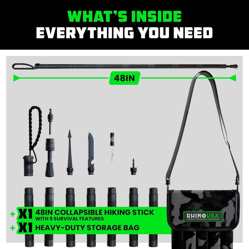 Rhino USA Tactical Hiking Stick with Integrated Survival Kit – Essential Camping Gear for Hiking & Trekking – Durable Tactical Gear for Outdoor Adventures