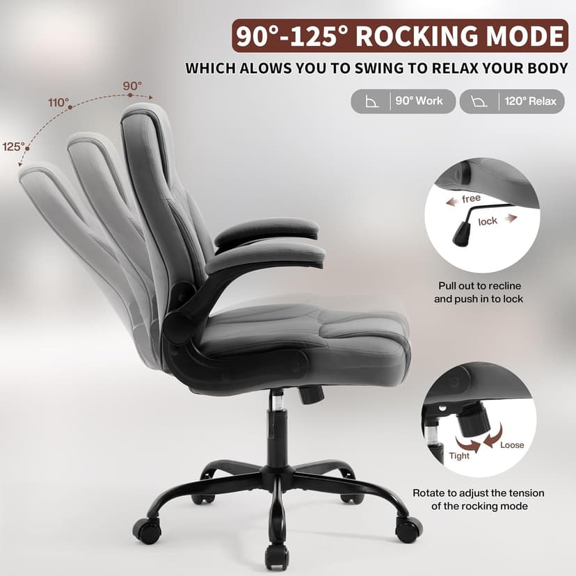 Executive Office Chair PU,Leather Office Chair with Wheels,360° Swivel Rolling Chair with Padded Arms,Ergonomic Computer Chair with Lumbar Support for Short People Use (Grey)
