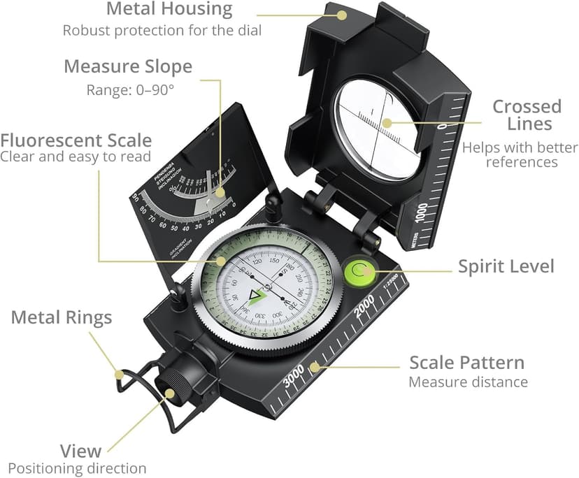 Anbte Compass Hiking Survival, IP65 Waterproof Metal Compass with Sighting Clinometer and Carry Bag, Multifunctional, Professional, for Camping Hunting Hiking Navigation