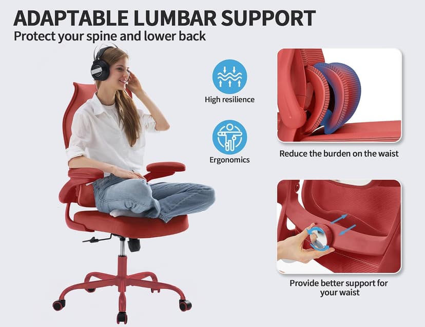 TRALT Ergonomic Office Chair - Desk Chair with Wave High Back Adjustable Lumbar Support Computer Chair - Gaming Chairs Mesh Backrest and PU Leather Seat (RED)