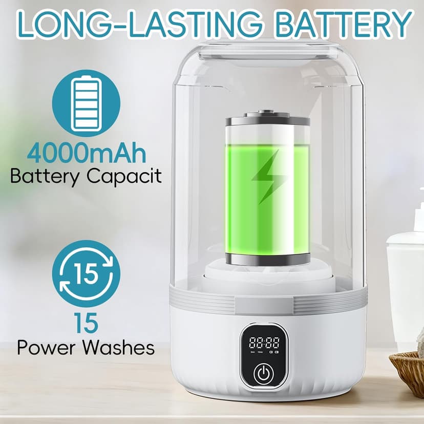 Underwear Mini Washer, 2025 Portable Washing Machine with 4000mAh Cordless Rechargeable Battery for Deep Cleaning Small Clothes, Perfect for Travel, Solo Living, Apartments, Camping