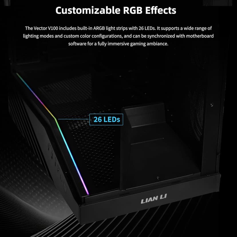 Lian Li V100 ATX Mid-Tower PC Case, 4 x 120mm ARGB PWM Fans Pre-Installed, LED RGB Strip, Display Platform with Tempered Glass, Support 420mm GPUs, 360mm Radiator, Optimized Airflow - Black (V100RX)