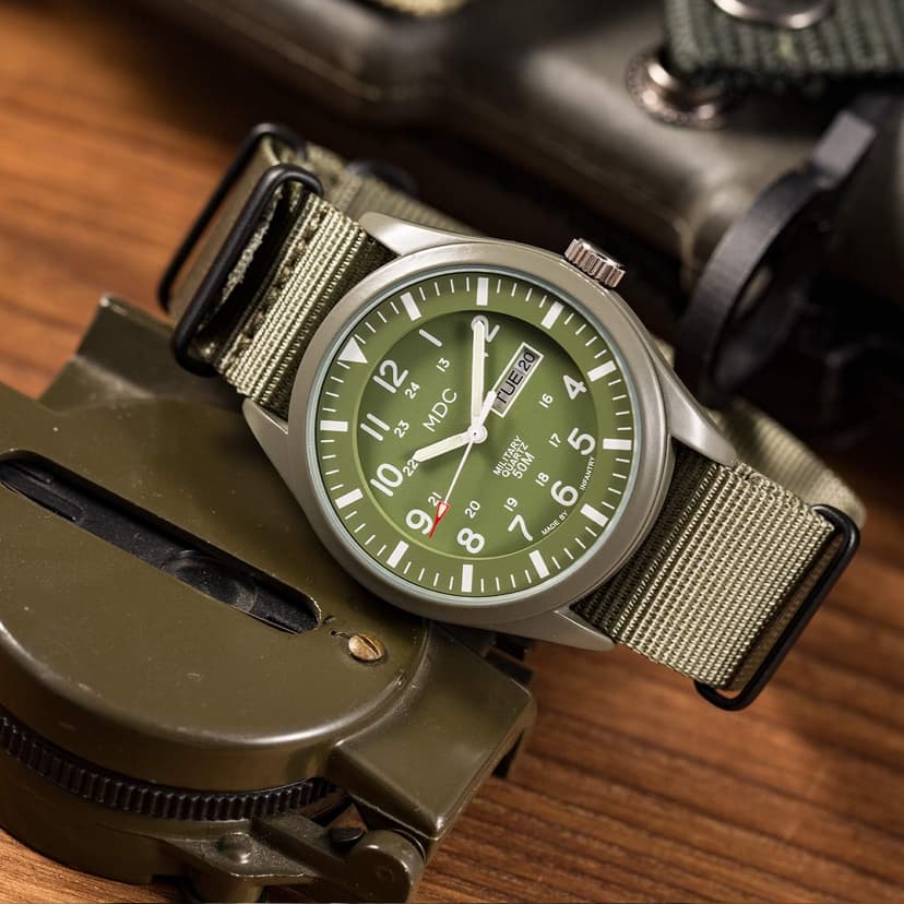 Infantry Mens Military Watch, Vietnam Style Field Watches for Men, Tactical 12/24H Military Time Analog Watch, Waterproof Day Date Quartz Wristwatch w/Green Nylon Band, Work Watch for Man